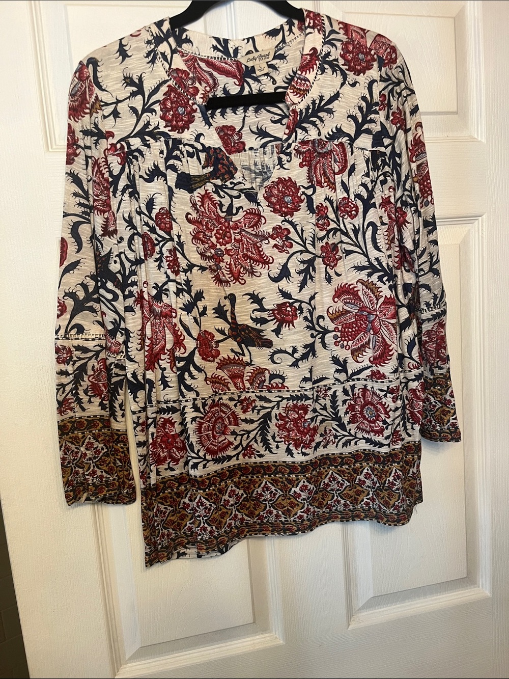 Lucky Brand Cream Tunic Top with Red & Navy Floral Print